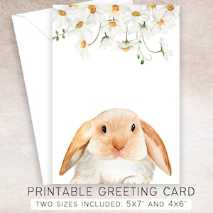Lop Bunny Spring Daisies Printable Karte | 5x7 und 4x6 | Sofortiger digitaler Download PDF | Aquarell Lop Hase | Danke, an Dich denkend