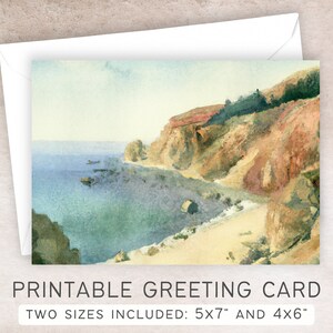 Imprimable Côte de Big Sur | 5x7 et 4x6 | Téléchargement numérique instantané PDF | Aquarelle sur l'océan de la côte californienne | Merci, je pense à vous
