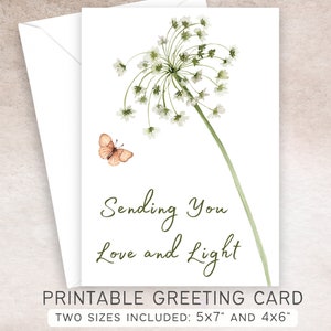 Senden Sie Liebe & Licht druckbare Karte | 5x7 und 4x6 | Sofortiger digitaler Download PDF | Schmetterling Blanko Karte | In Gedanken an Dich, Sympathie