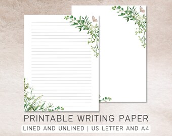 Greenery and Butterfly Printable Stationery | US Letter 8.5x11 in, A4 | Lined, Unlined Digital Letter Writing Paper, Botanical Note Paper
