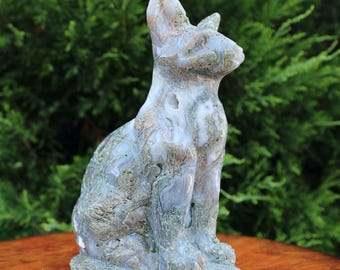 Blue Moss Agate Cat Carving