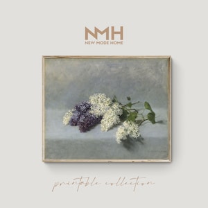 May include: A framed painting of a still life featuring a bouquet of white and purple lilac flowers with green leaves on a light blue background.