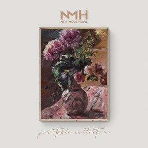 May include: A painting of a vase filled with pink and red flowers. The vase is brown and has a white design. The flowers are in a vase on a pink and white tablecloth. The painting is in a brown frame.