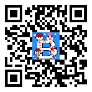 May include: A blue and white QR code with a cartoon baseball character in the centre. The character is wearing a red hat with a white letter B on it. The character is surrounded by other baseball characters.