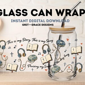 Blessed Assurance Christian 16oz Glass Can Wrap PNG | Retro Faith Discman Headphones | Bible Cross Music Digital Download