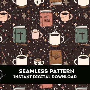 Christian Seamless File | Coffee and Jesus Pattern | Christian PNG