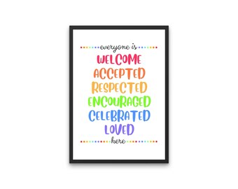 Könnte beinhalten: Ein gerahmter Druck mit dem Text "everyone is WELCOME ACCEPTED RESPECTED ENCOURAGED CELEBRATED LOVED here" in Regenbogenfarben.