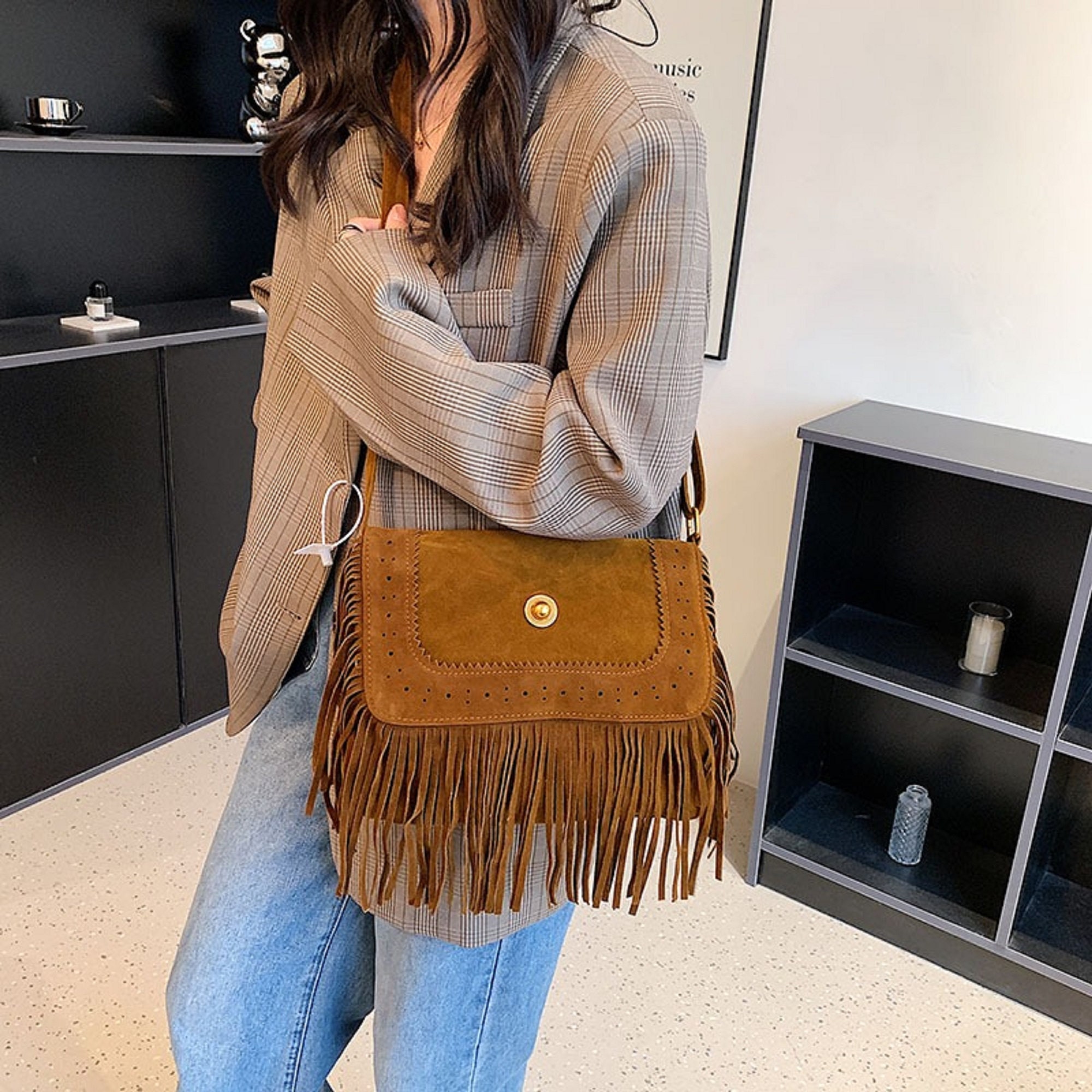 Women Western Style Leather Fringe Purse Handbag Suede Leather