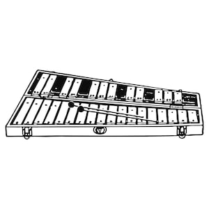 May include: Black and white line drawing of a xylophone in its case. The instrument has a series of rectangular bars of varying lengths, with a set of black bars. Two mallets rest on the bars.