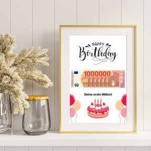 Presente de aniversário em dinheiro I Impressão DIY para ganhar dinheiro I Feliz Aniversário – seu primeiro milhão I Ideia de presente de última hora I Download instantâneo