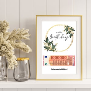 Presente de aniversário em dinheiro I Impressão DIY para ganhar dinheiro I Feliz Aniversário – seu primeiro milhão I Ideia de presente de última hora I Download instantâneo