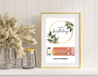 Verjaardagsgeldcadeau I DIY-print om geld te verdienen I Gelukkige verjaardag - je eerste miljoen I Last-minute cadeau-idee I Direct downloaden