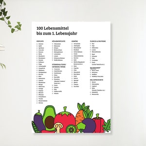 Los primeros 100 alimentos del bebé I 100 alimentos hasta el año I Juego de 2 listas de control I Descargar para imprimir I DIN A4 I DIN A3