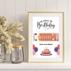 Presente de aniversário em dinheiro I Impressão DIY para ganhar dinheiro I Feliz Aniversário – seu primeiro milhão I Ideia de presente de última hora I Download instantâneo