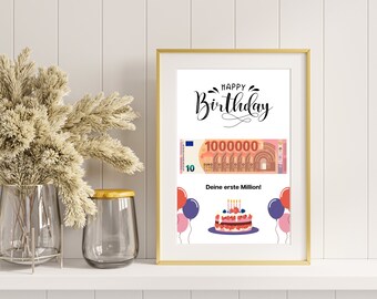 Verjaardagsgeldcadeau I DIY-print om geld te verdienen I Gelukkige verjaardag - je eerste miljoen I Last-minute cadeau-idee I Direct downloaden