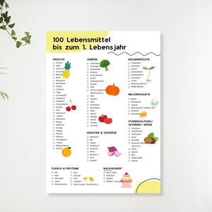 Los primeros 100 alimentos del bebé I 100 alimentos hasta el año I Juego de 6 listas de control I Descargar para imprimir I DIN A4 I DIN A3