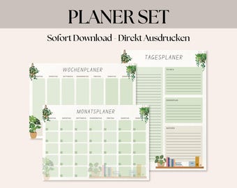 Può includere: Un set di planner stampabili con uno schema di colori verde e bianco. I planner includono un planner giornaliero, settimanale e mensile. Ogni planner presenta un'illustrazione di una pianta appesa. Il testo "PLANER SET" è in cima all'immagine. Il testo "Sofort Download - Direkt Ausdrucken" è sotto il titolo.