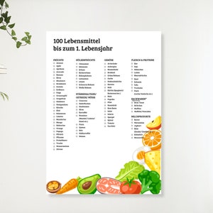 Los primeros 100 alimentos del bebé I 100 alimentos hasta el año I Juego de 2 listas de control I Descargar para imprimir I DIN A4 I DIN A3