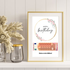 Presente de aniversário em dinheiro I Impressão DIY para ganhar dinheiro I Feliz Aniversário – seu primeiro milhão I Ideia de presente de última hora I Download instantâneo