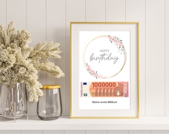 Verjaardagsgeldcadeau I DIY-print om geld te verdienen I Gelukkige verjaardag - je eerste miljoen I Last-minute cadeau-idee I Direct downloaden