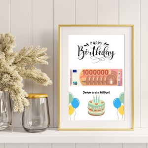 Presente de aniversário em dinheiro I Impressão DIY para ganhar dinheiro I Feliz Aniversário – seu primeiro milhão I Ideia de presente de última hora I Download instantâneo