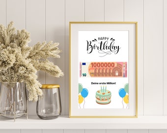 Verjaardagsgeldcadeau I DIY-print om geld te verdienen I Gelukkige verjaardag - je eerste miljoen I Last-minute cadeau-idee I Direct downloaden