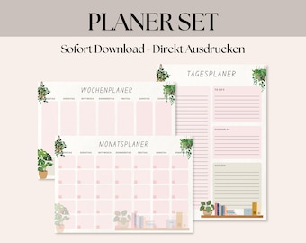 Può includere: Un set di planner stampabili con sfondo rosa e illustrazioni di piante verdi. Il set include un planner giornaliero, settimanale e mensile.