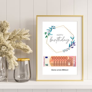 Presente de aniversário em dinheiro I Impressão DIY para ganhar dinheiro I Feliz Aniversário – seu primeiro milhão I Ideia de presente de última hora I Download instantâneo