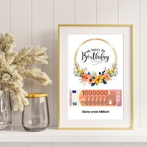 Presente de aniversário em dinheiro I Impressão DIY para ganhar dinheiro I Feliz Aniversário – seu primeiro milhão I Ideia de presente de última hora I Download instantâneo