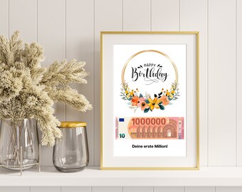 Verjaardagsgeldcadeau I DIY-print om geld te verdienen I Gelukkige verjaardag - je eerste miljoen I Last-minute cadeau-idee I Direct downloaden