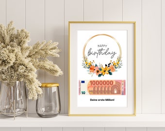 Verjaardagsgeldcadeau I DIY-print om geld te verdienen I Gelukkige verjaardag - je eerste miljoen I Last-minute cadeau-idee I Direct downloaden