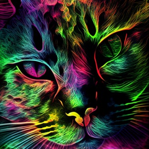 Kitty Cat Head- Image Download Only. Printable for Home as a Digital Poster, Gift - Downloadable Fantasy Realistic Neon Art. Cyberpunk.
