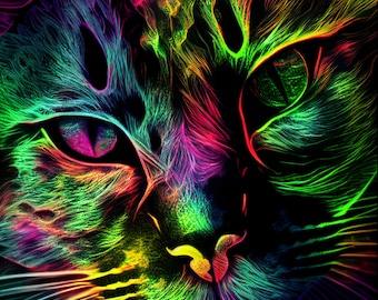 Kitty Cat Head- Image Download Only. Printable for Home as a Digital Poster, Gift - Downloadable Fantasy Realistic Neon Art. Cyberpunk.