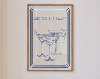 Trendy Wall Art Print Blue Retro Poster One For The Road Bar Cart Modern Illustration Large Instant At Home Digital Download Decor Art