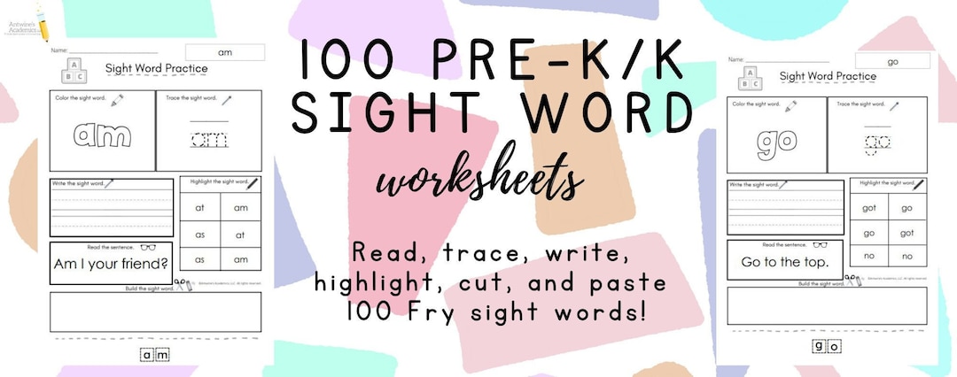 100 Printable Pre-k/k Sight Word Worksheets - Etsy