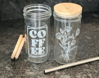 20 Oz Wide Mouth, Etched Mason Jar Drinking Glass w/ Bamboo Lid & Glass Straw