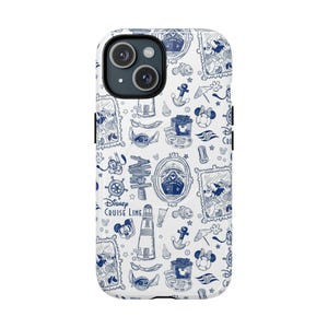 May include: White iPhone case with a blue Disney Cruise Line pattern. The design includes nautical elements like anchors, a lighthouse, and Mickey Mouse, along with the text "Disney Cruise Line".