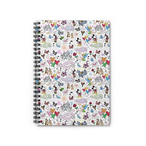 May include: A white spiral notebook with a colorful pattern of Disney characters, including Mickey Mouse, Minnie Mouse, Donald Duck, Goofy, and Tinkerbell. The pattern also includes images of the Disney castle, balloons, stars, and musical notes.