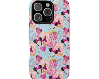 May include: A blue and pink phone case with a pattern of Mickey Mouse ears, popcorn buckets, cameras, and the words "Disney" and "Magic".