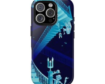 May include: A dark blue smartphone case featuring a graphic illustration of a staircase with light blue railings. A character in a suit and hat stands near a candelabra at the base of the stairs, while another figure appears upside down above.