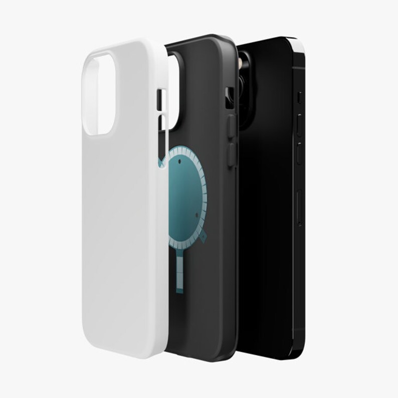 May include: Three smartphone cases arranged in a row. The first is a solid white case, the second is a black case featuring a circular blue magnetic charging icon on the back, and the third is a solid black smartphone with a visible camera lens.
