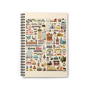May include: A spiral-bound notebook with a cream-colored cover featuring a colorful illustration of various theme park icons. The design includes landmarks, rides, and logos from Magic Kingdom, Epcot, Hollywood Studios, and Animal Kingdom.