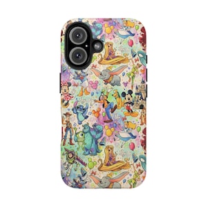 May include: A colorful phone case featuring a pattern of various cartoon characters, including Mickey Mouse, Minnie Mouse, and Rapunzel. The case has a glossy finish and a camera cutout.