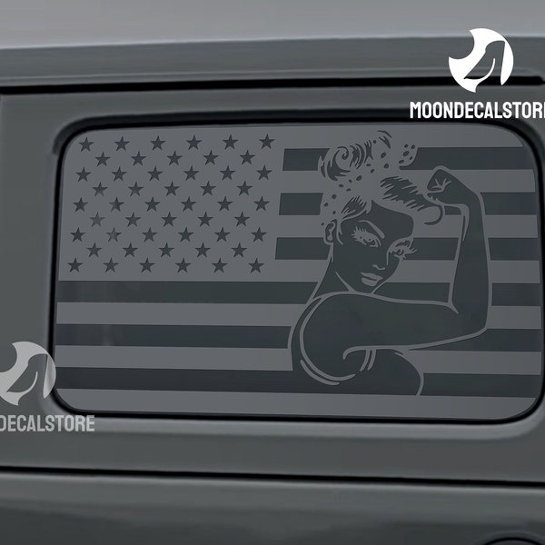 Fits 2018-2024 Jeep Wrangler 4 Door JLU Quarter Window Girl Power American Flag Decal Sticker