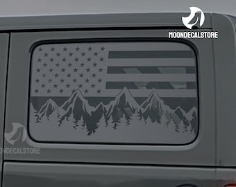 Fits 2018-2024 Jeep Wrangler 4 Door  JLU Quarter Window American Flag Outdoor Mountain Tree Scene Decal Sticker