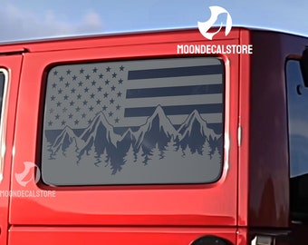 Fits 2007-2018 Jeep Wrangler 4 Door Hard Top JKU Quarter Window American Flag Outdoor Mountain Tree Scene Decal Sticker