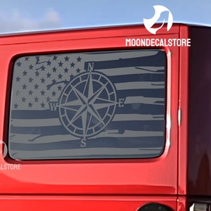 Fits 2007-2018 Jeep Wrangler 4 Door Hard Top JKU Quarter Window NSWE Compass Distressed American Flag Decal Sticker