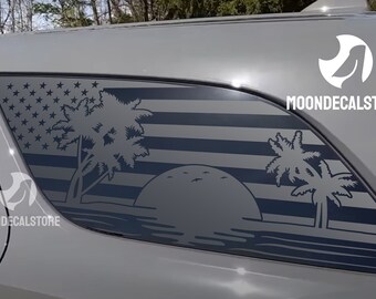 Fits 2011-2024 Dodge Durango Quarter Window American Flag Beach Sunset Palm tree Decal Sticker