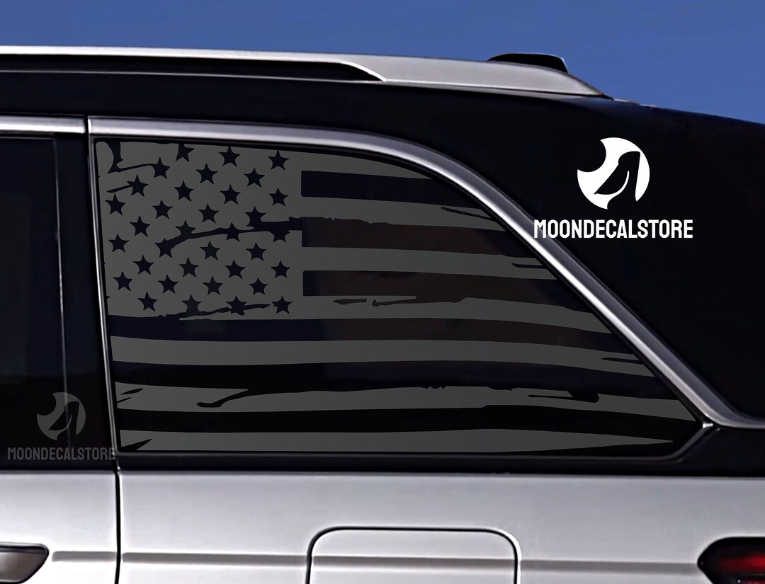 thumbnail image 2 of Distressed American Flag Rear Window Decal For 2011-2022 Jeep Grand Cherokee - Matte Black Vinyl 2 of 11