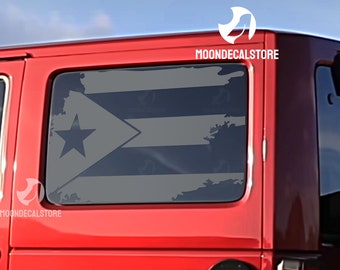 Fits 2007-2018 Jeep Wrangler 4 Door Hard Top JKU Quarter Window Distressed Flag of Puerto Rico Decal Sticker